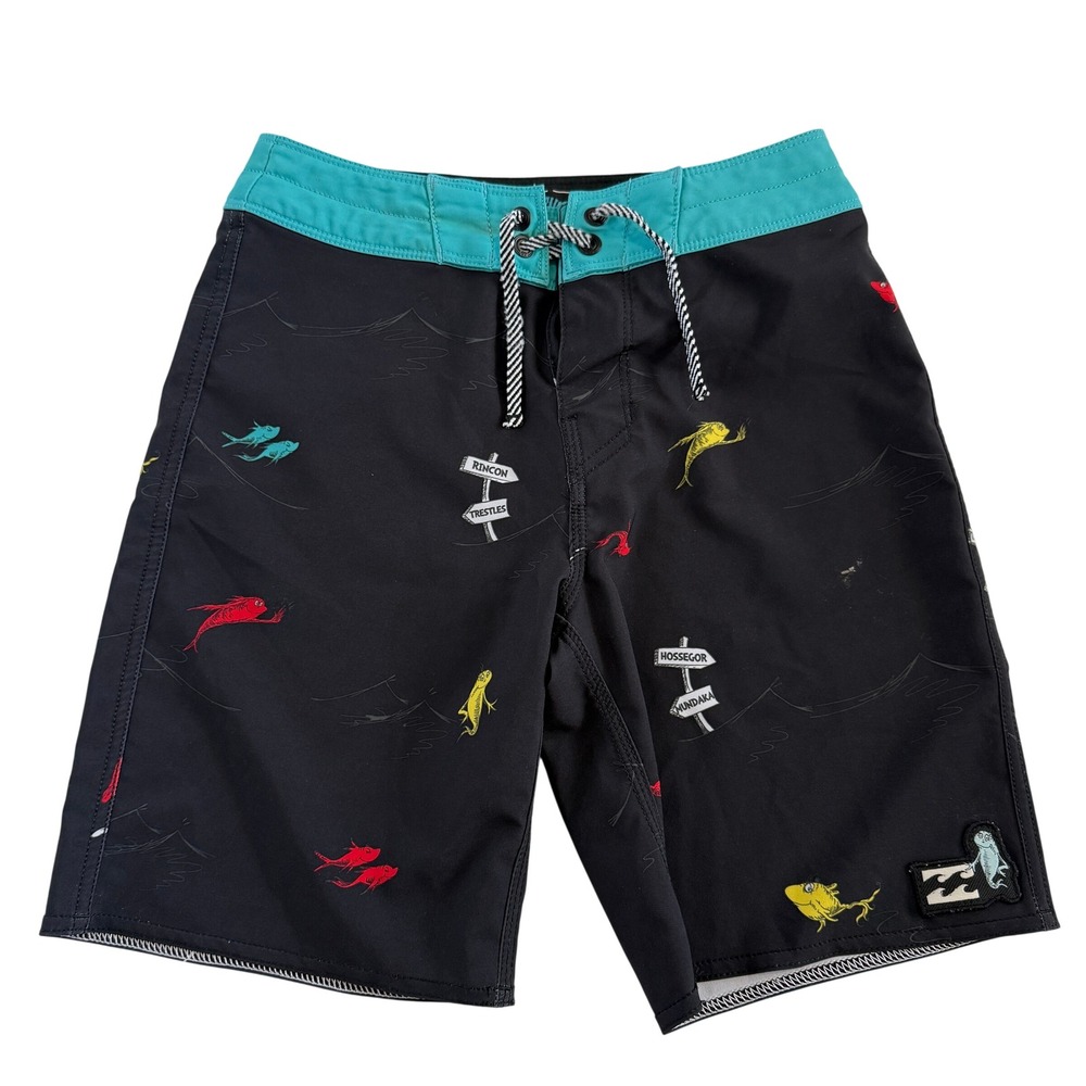 Billabong x Dr. Seuss Kids One Fish Two Fish Board Shorts Black Teal 23" Waist